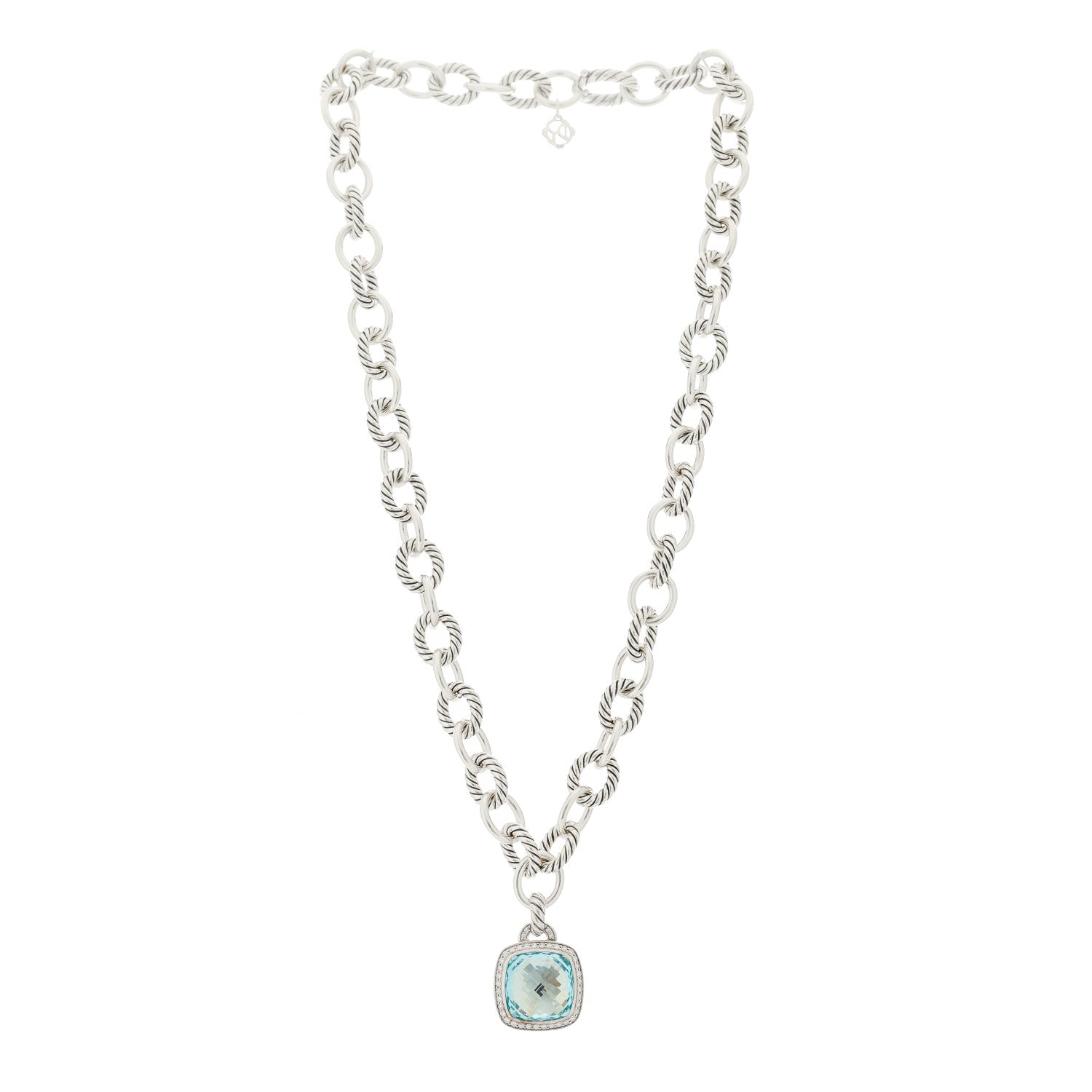 David Yurman Sterling Silver Blue Topaz Diamond 14mm Albion Pendant Cable Necklace 3 of 5