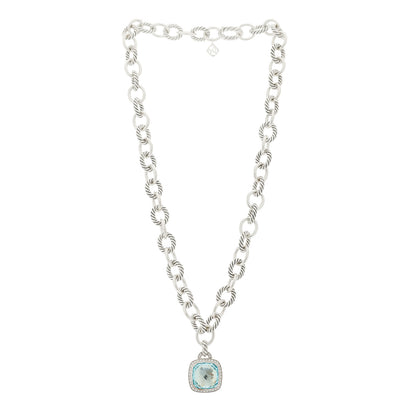 David Yurman Sterling Silver Blue Topaz Diamond 14mm Albion Pendant Cable Necklace 3 of 5
