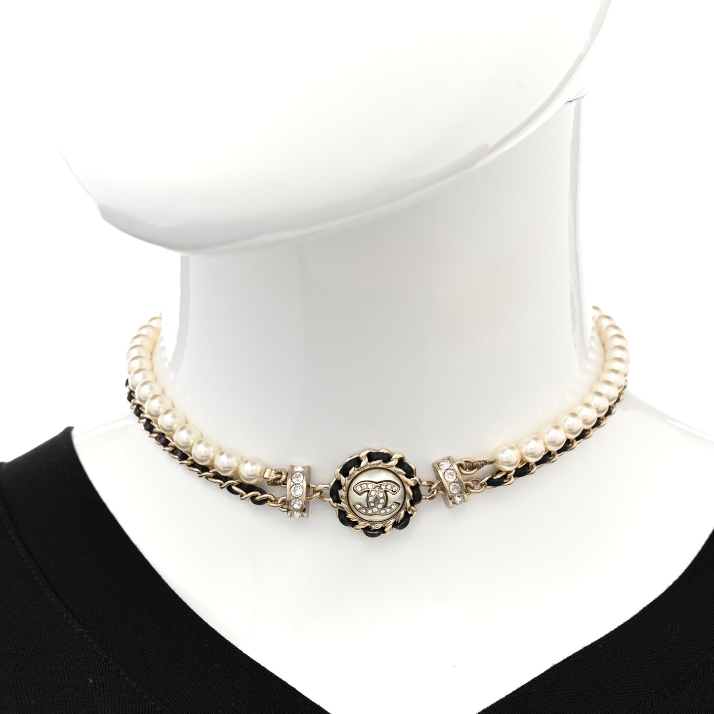 Pearl Crystal Lambskin CC Choker Gold Black