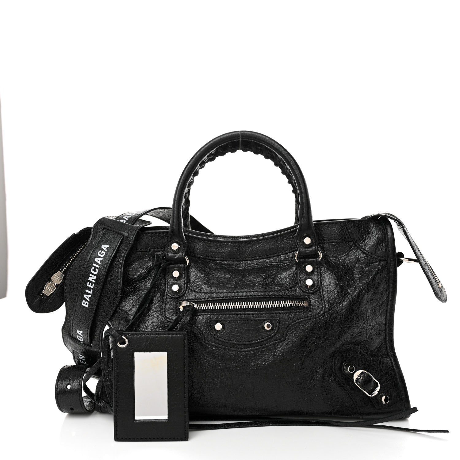 Balenciaga Agneau Classic Silver Hardware S City Logo Strap Black White 3 of 11