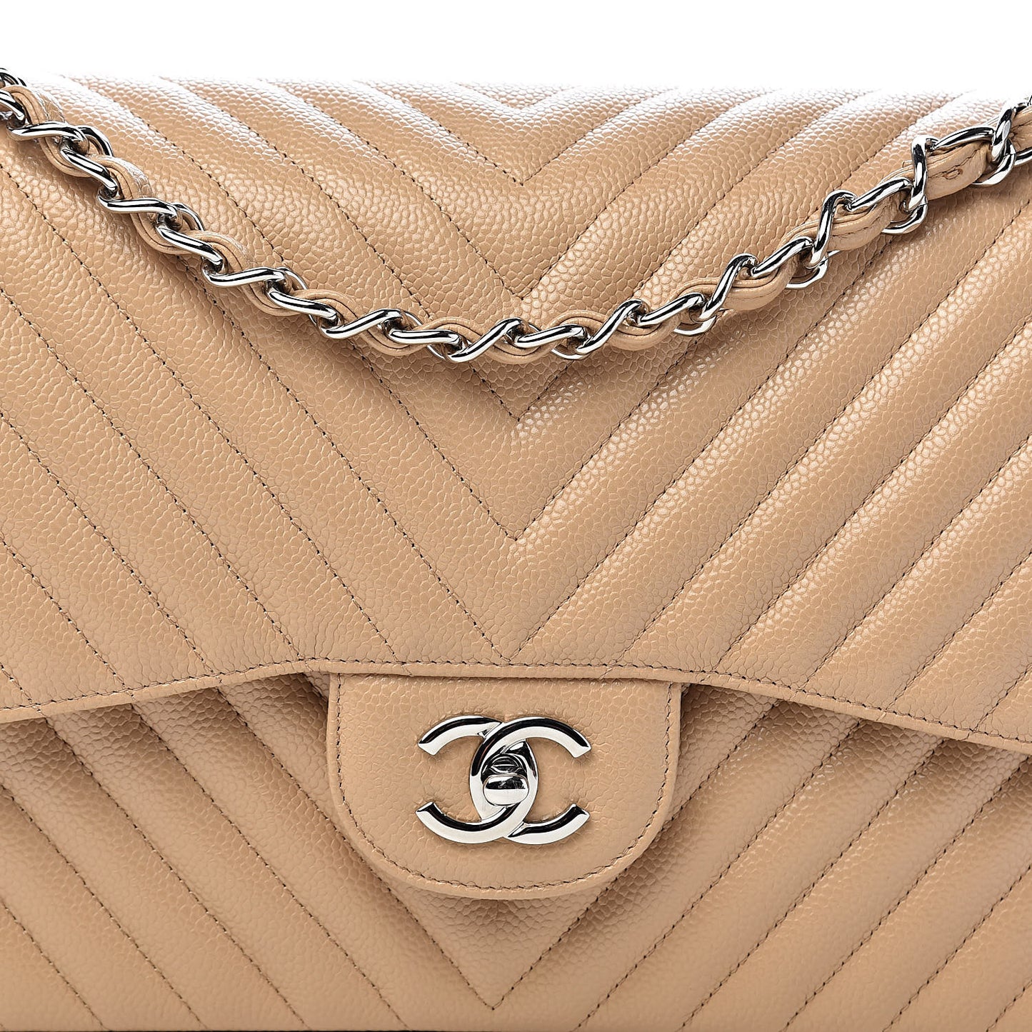 Caviar Chevron Quilted Jumbo Double Flap Beige