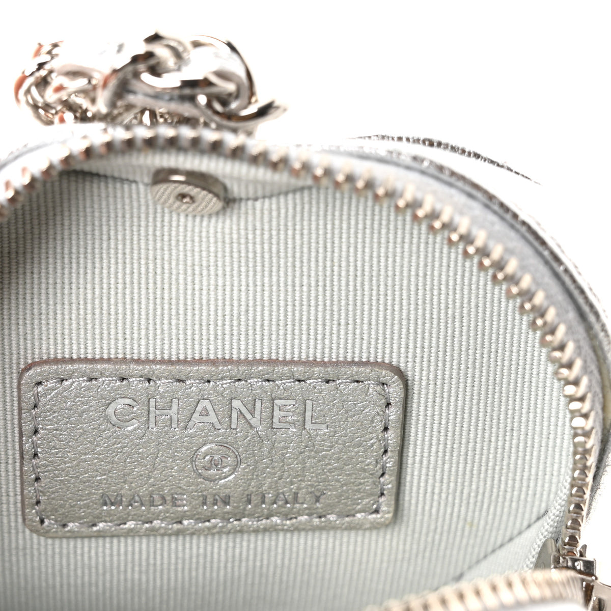 Metallic Lambskin Quilted CC Mini In Love Heart Bag Charm Silver