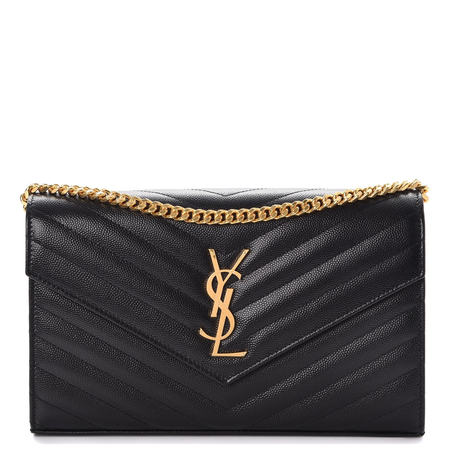 Saint Laurent Grain De Poudre Matelasse Chevron Monogram Chain Wallet Black 1 of 7