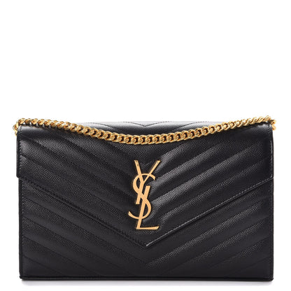 Saint Laurent Grain De Poudre Matelasse Chevron Monogram Chain Wallet Black 1 of 7