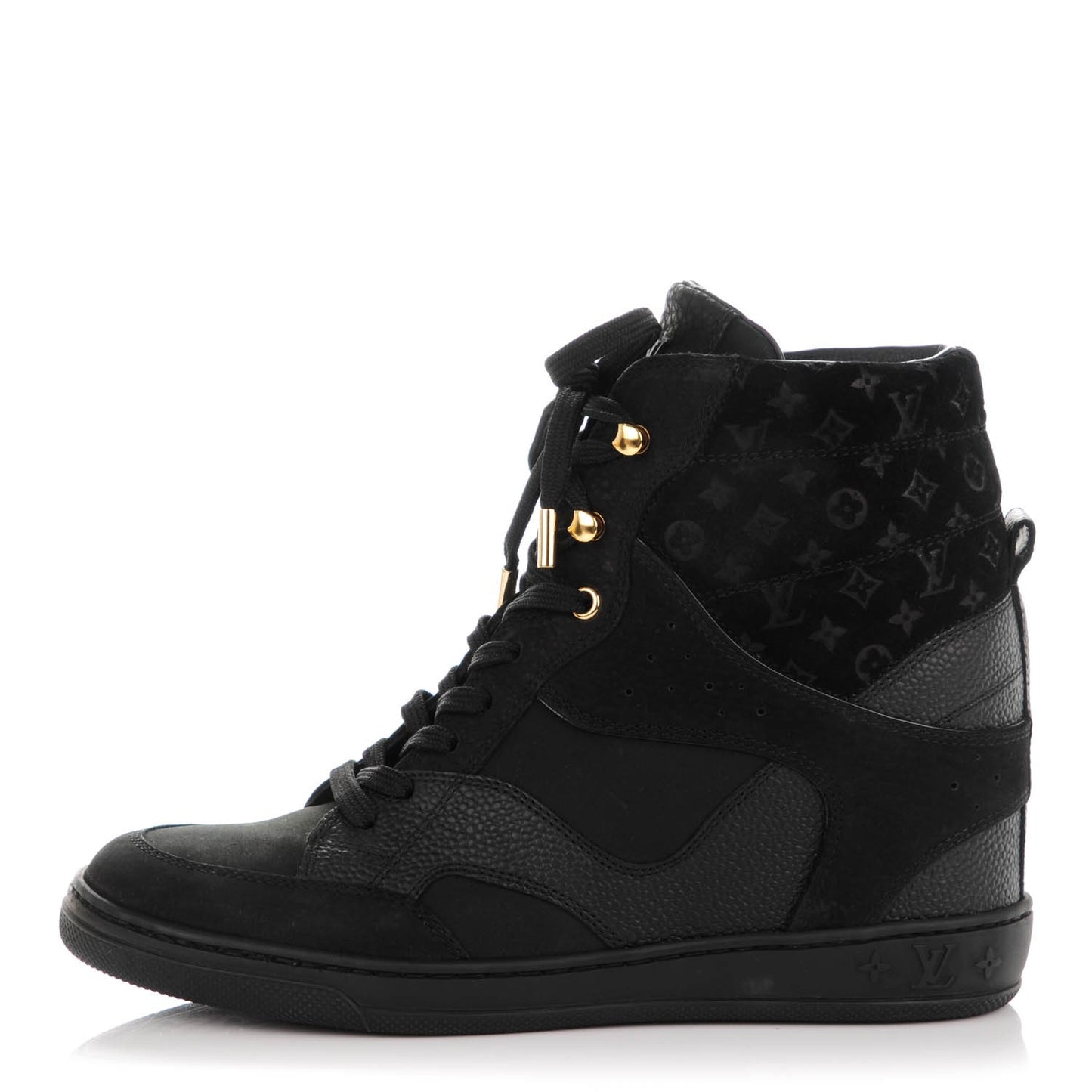 Calfskin Suede Monogram Cliff Top Wedge Sneakers 37.5 Black