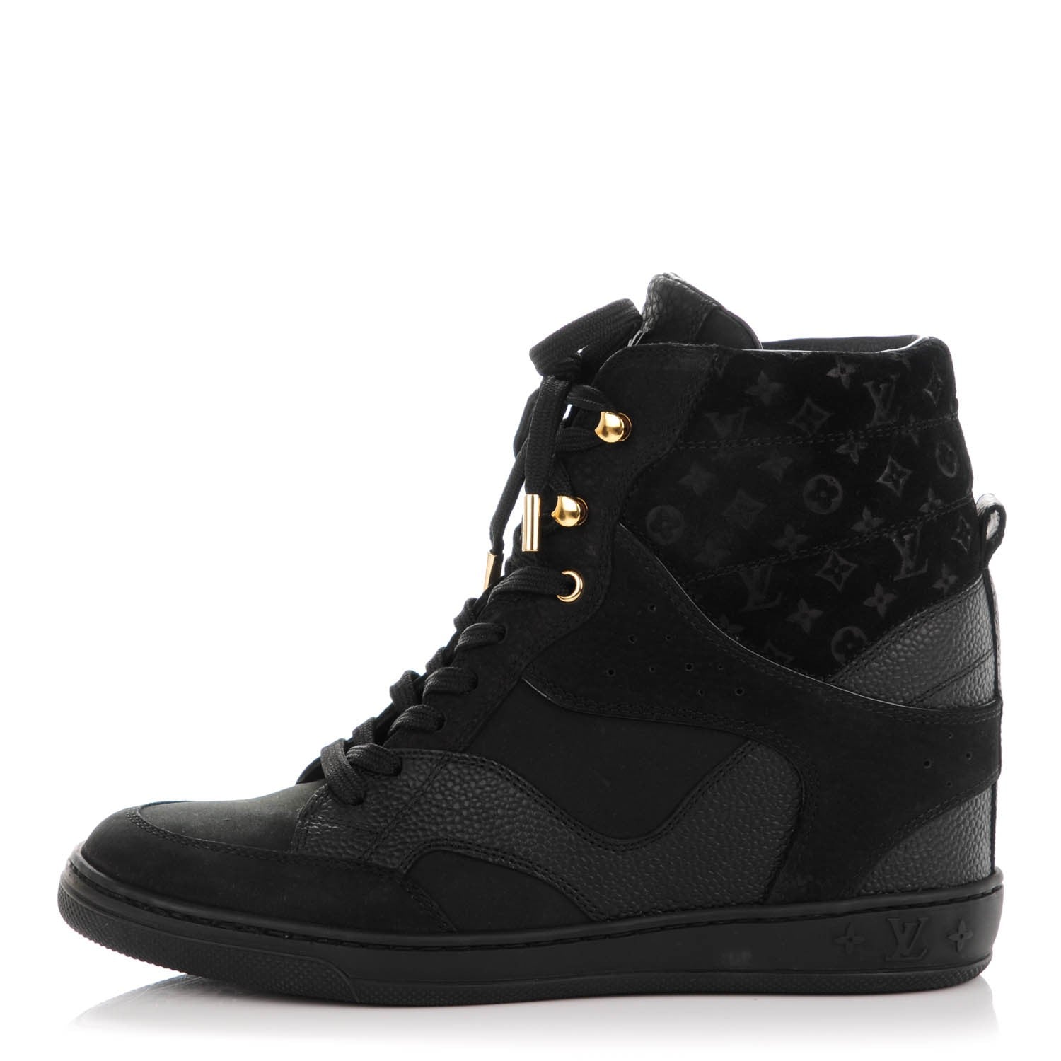 Louis Vuitton Calfskin Suede Monogram Cliff Top Wedge Sneakers 37.5 Black 1 of 8