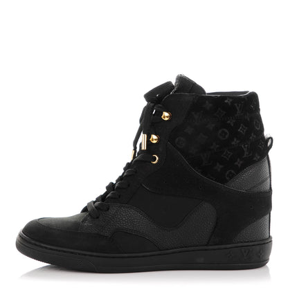 Louis Vuitton Calfskin Suede Monogram Cliff Top Wedge Sneakers 37.5 Black 1 of 8