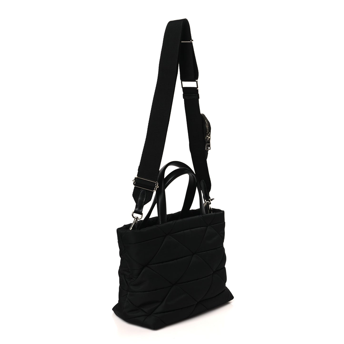 Re-Nylon Nappa Triangle Quilted Padded Double Handled Zip Pocket Tote Black