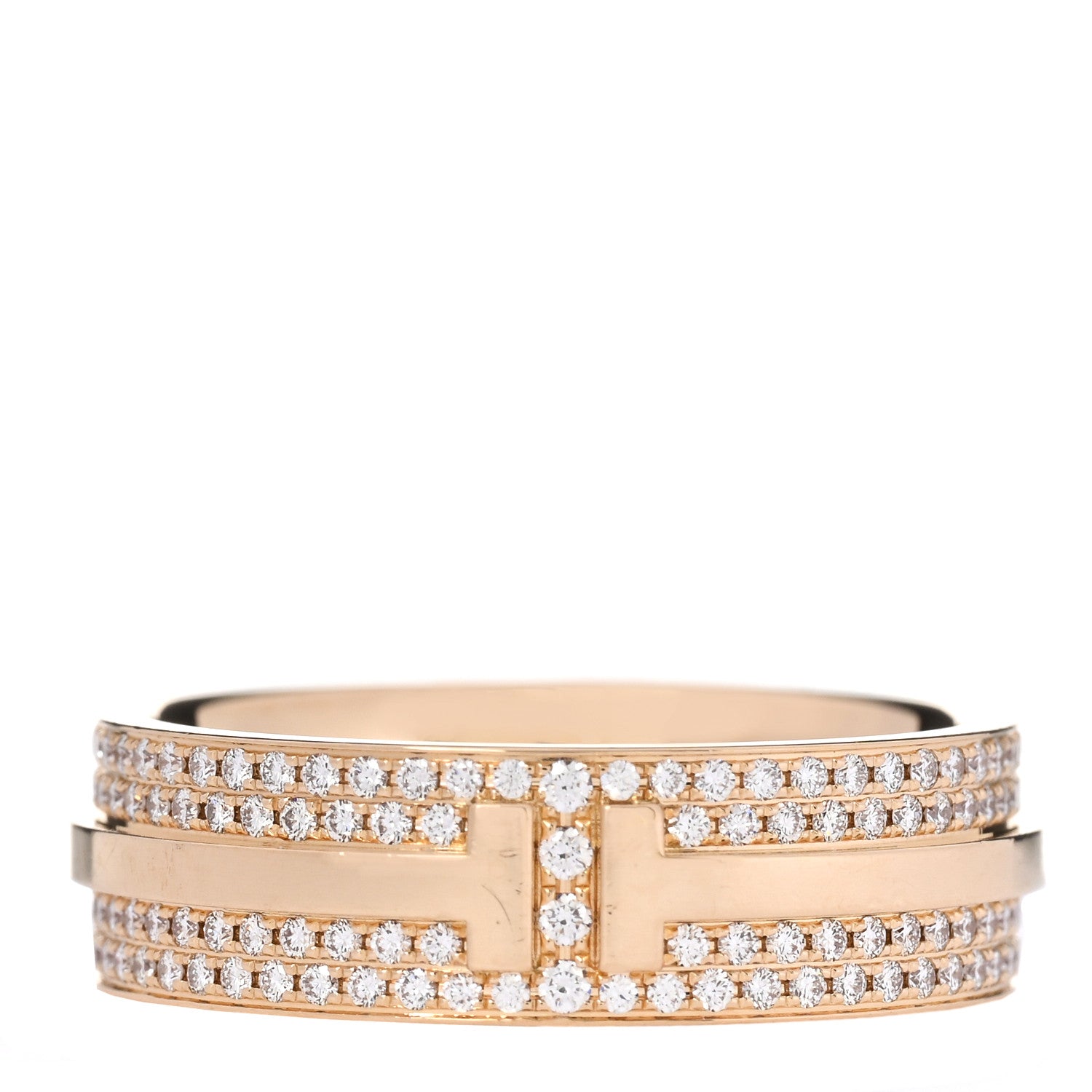 Tiffany 18K Yellow Gold Diamond Wide T Two Pave Ring 53 6.5 1 of 4