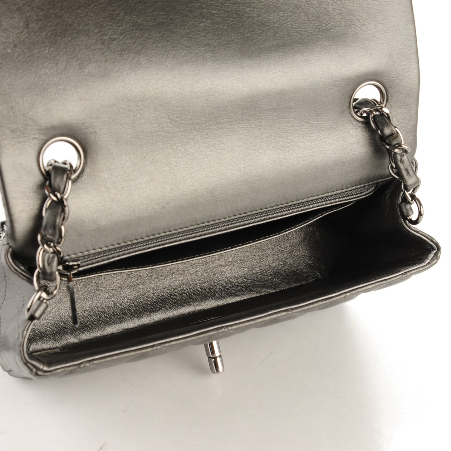 Metallic Calfskin Quilted Mini Rectangular Flap Charcoal Grey
