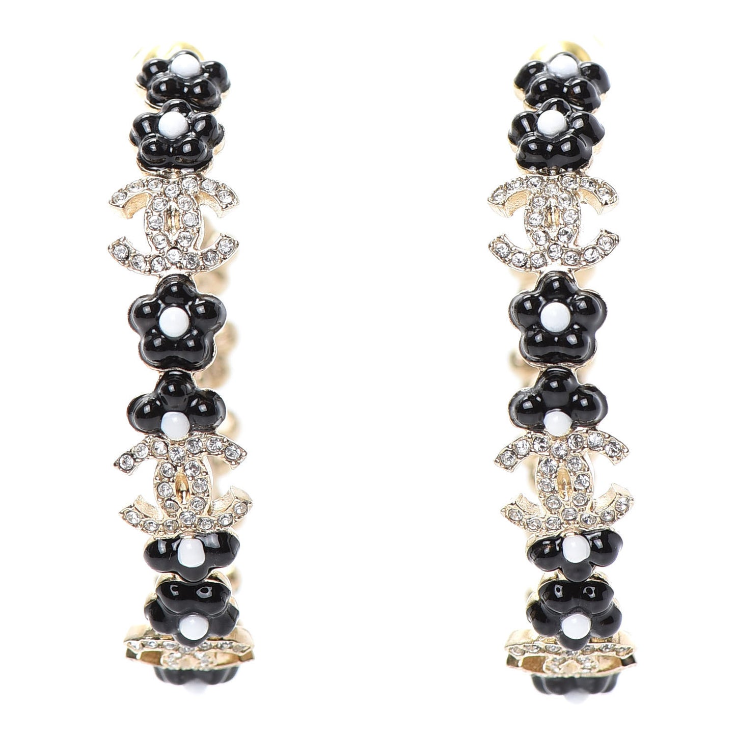 Metal Strass Crystal Flower CC Hoop Earrings Gold Black White