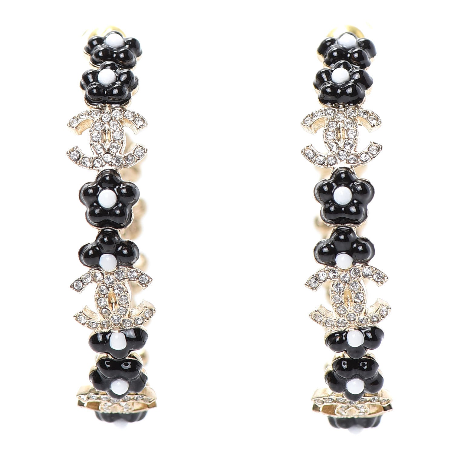 Chanel Metal Strass Crystal Flower CC Hoop Earrings Gold Black White 1 of 4