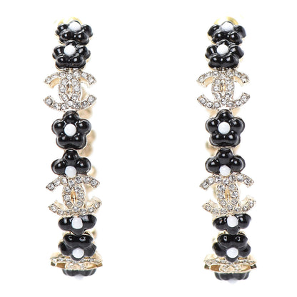 Chanel Metal Strass Crystal Flower CC Hoop Earrings Gold Black White 1 of 4