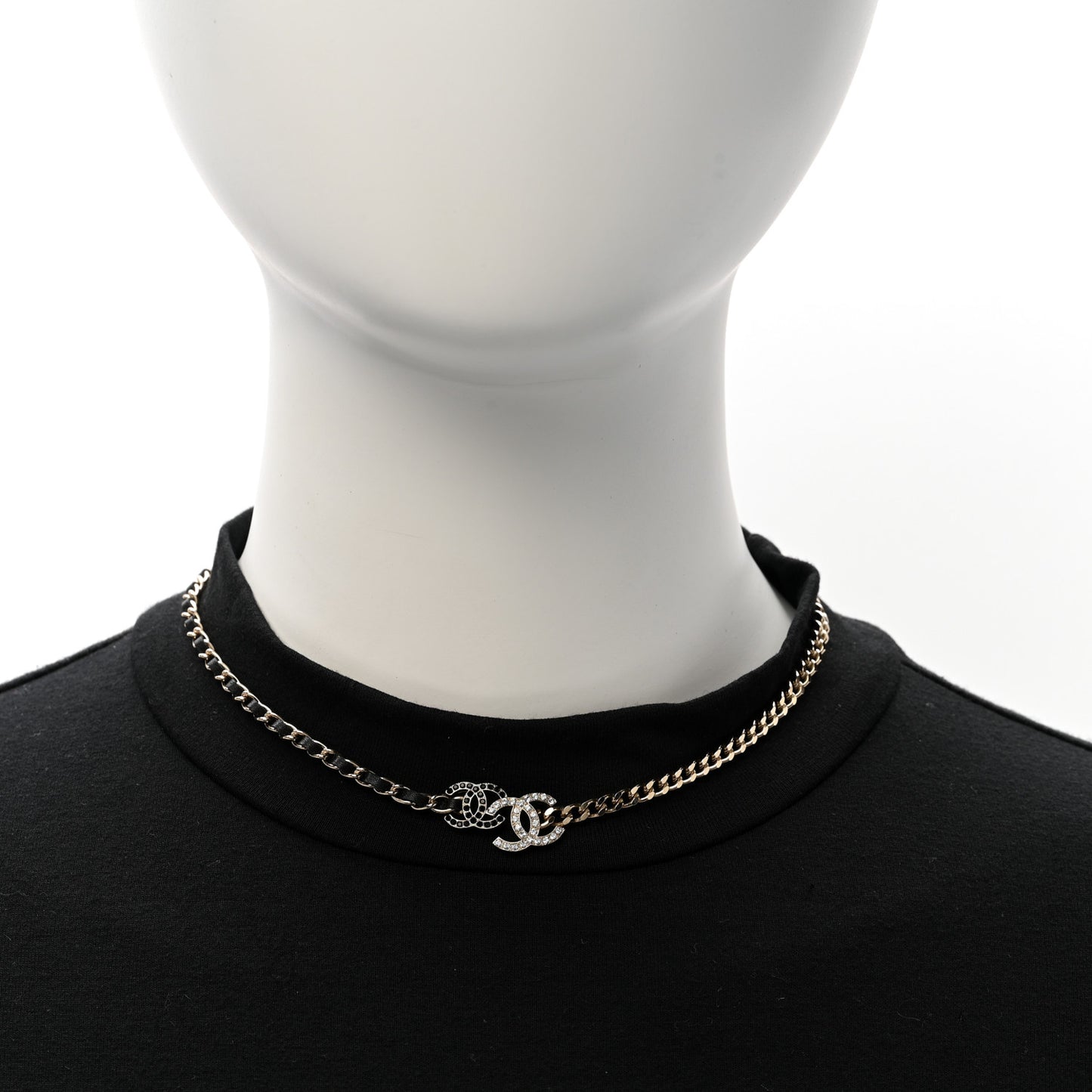 Metal Calfskin Crystal Double CC Short Necklace Black Gold
