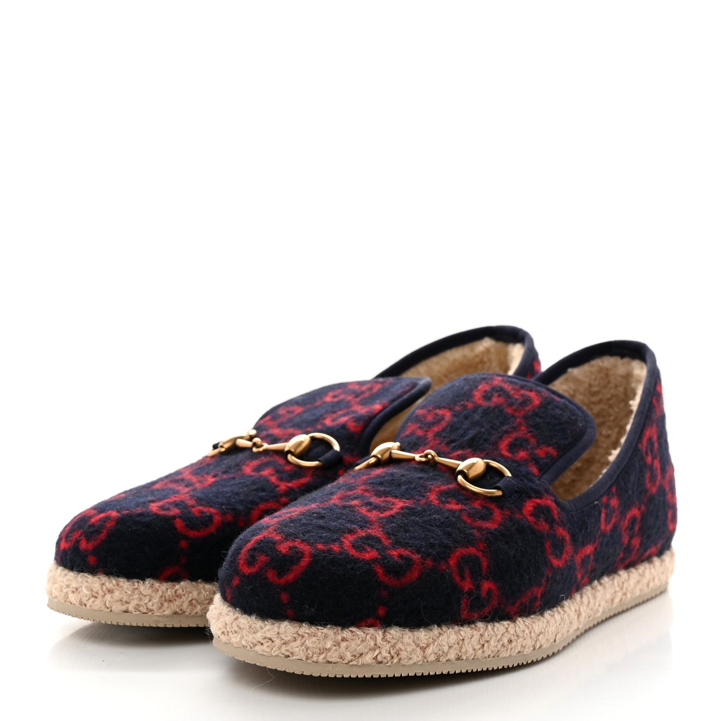 Covered Wool GG Monogram Mens Fria Horsebit Loafers 6 Blue Red Butterscotch
