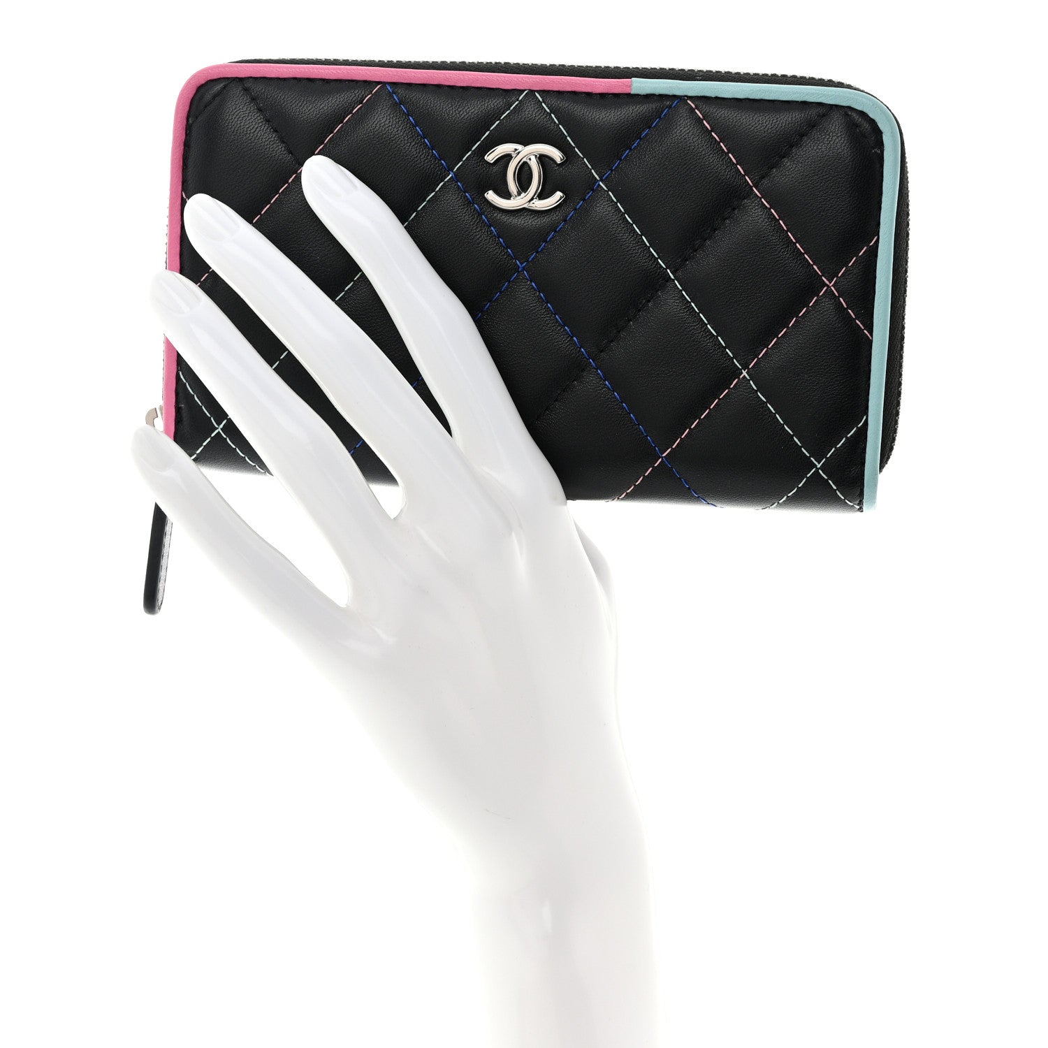 Chanel Lambskin Quilted Small Gusset Zip Around Wallet Black Pink Light Blue 2 of 9