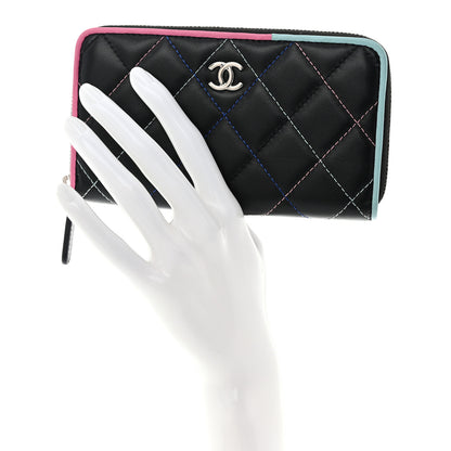 Chanel Lambskin Quilted Small Gusset Zip Around Wallet Black Pink Light Blue 2 of 9