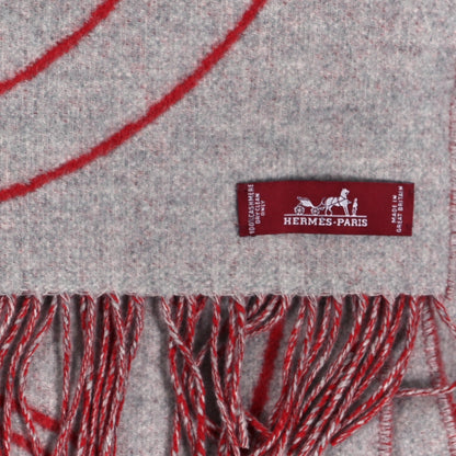 Hermes Cashmere Casaque Entrelacs Equestres Muffler Gris Clair Rouge Carmin 3 of 3