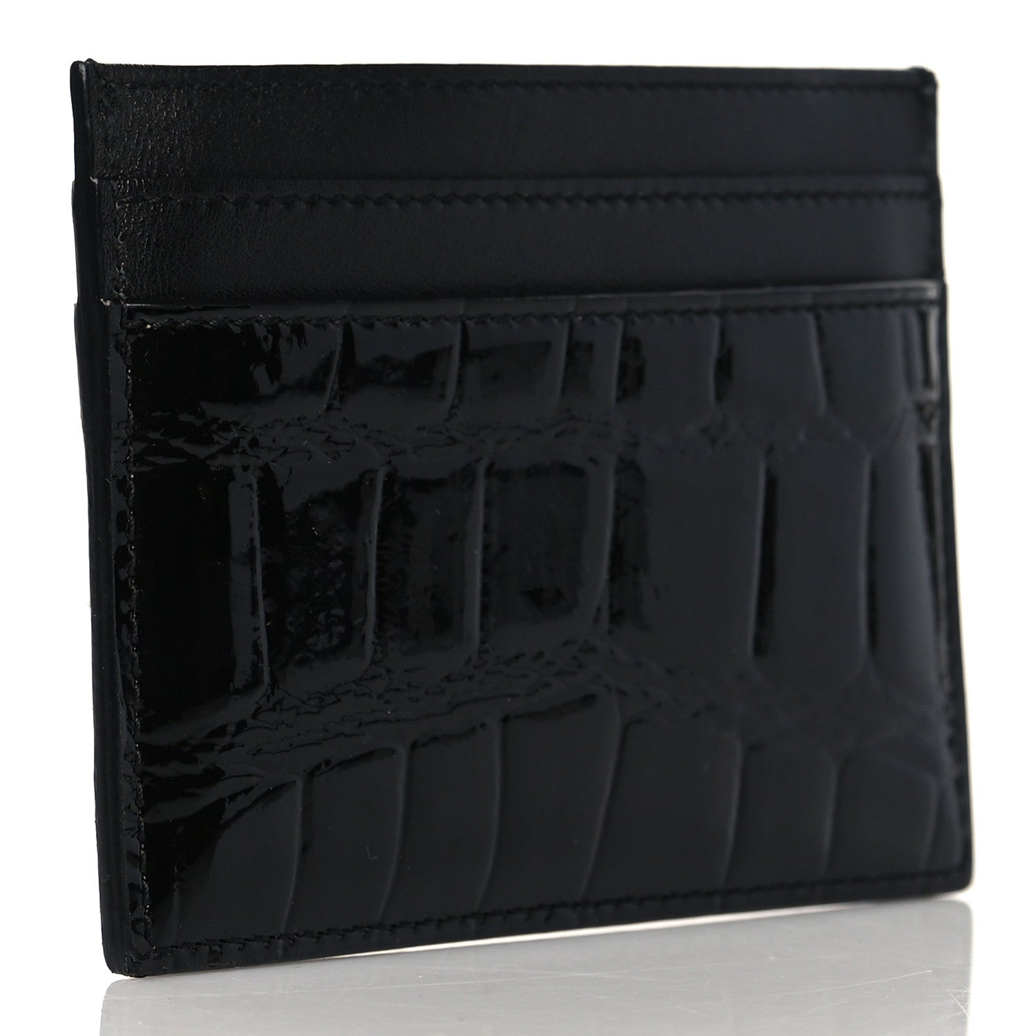 Saint Laurent Calfskin Crocodile Embossed Monogram Patent Cassandre Credit Card Case Black 3 of 9