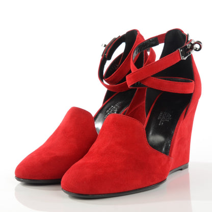 Hermes Suede Goatskin Lively Wedge Pumps 37 Piment 3 of 9