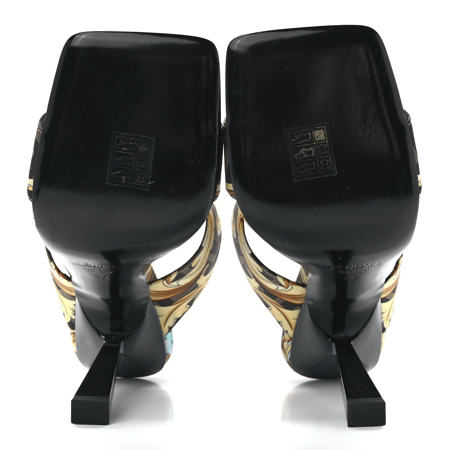 X FENDI Silk Fendace Baroque Medusa High Heel Mule Sandals 39 Tobacco Black Gold