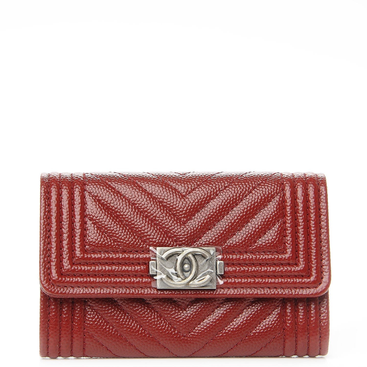 Chanel Caviar Chevron Quilted Flap Boy Card Holder Dark Red 1 of 8