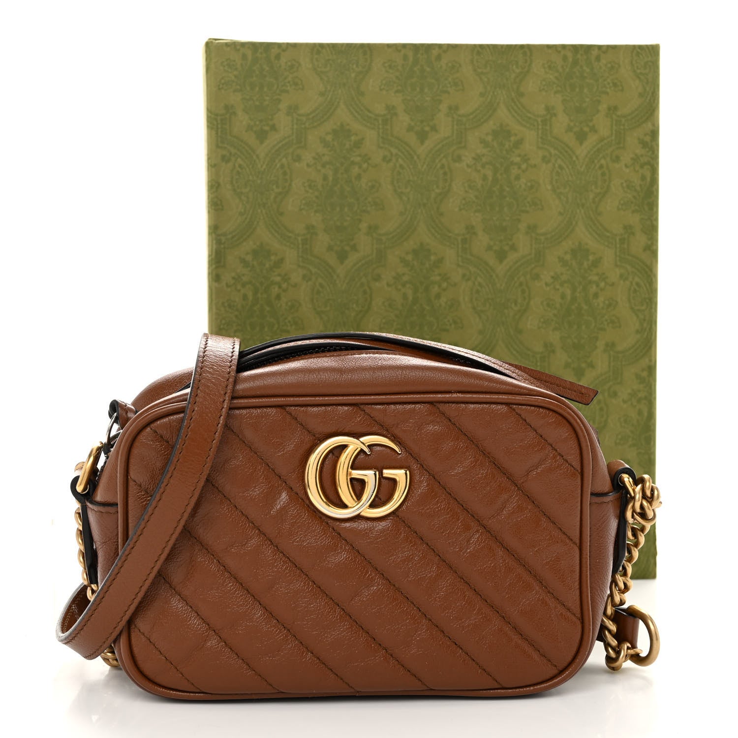 Gucci Glazed Calfskin Matelasse Diagonal Mini GG Marmont Chain Shoulder Bag Cuir 12 of 12