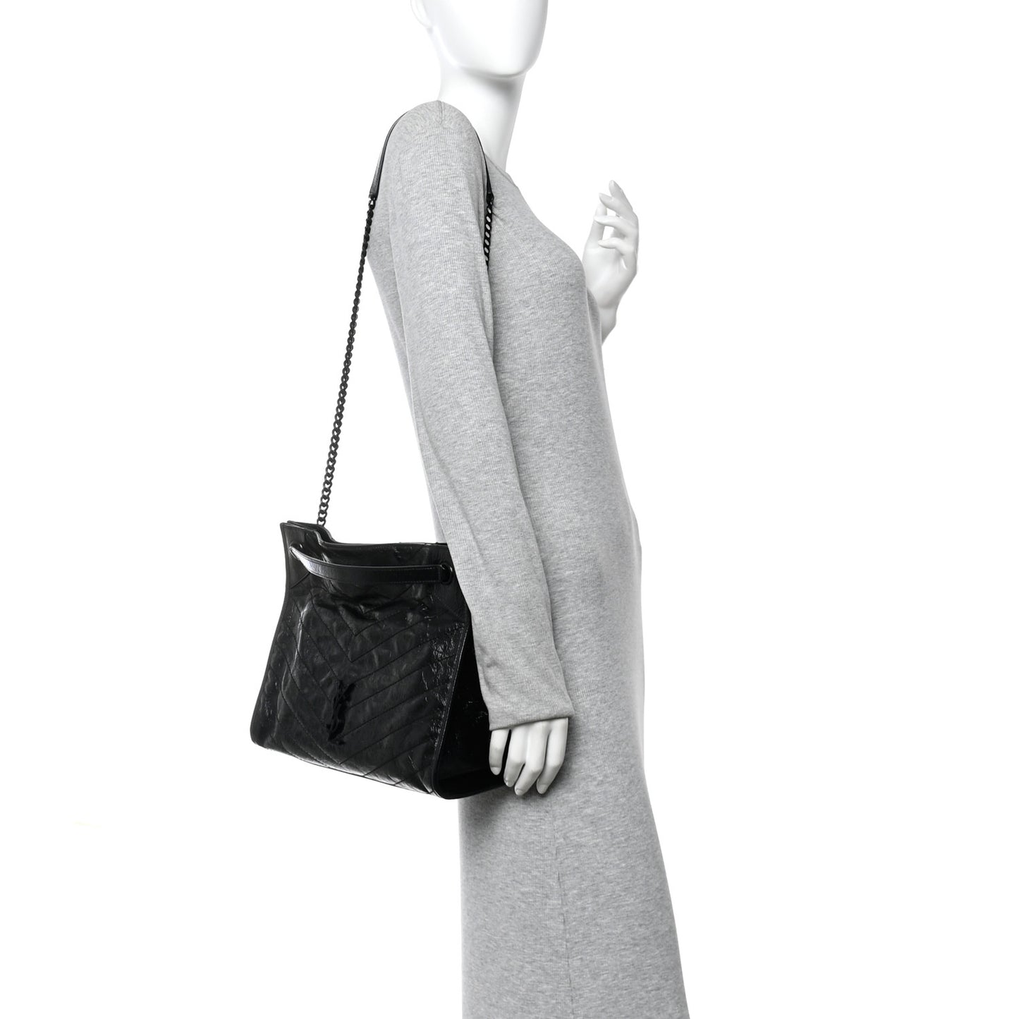 Crinkled Calfskin Matelasse Monogram Medium Niki Shopper Tote Black