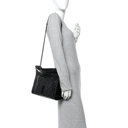 Saint Laurent Crinkled Calfskin Matelasse Monogram Medium Niki Shopper Tote Black 2 of 12
