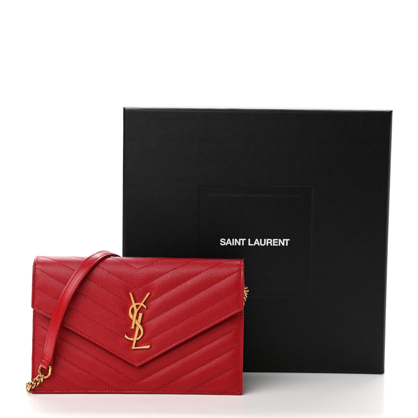Grain De Poudre Matelasse Chevron Monogram Envelope Chain Wallet New Red
