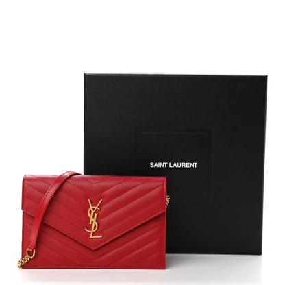 Saint Laurent Grain De Poudre Matelasse Chevron Monogram Envelope Chain Wallet New Red 11 of 11