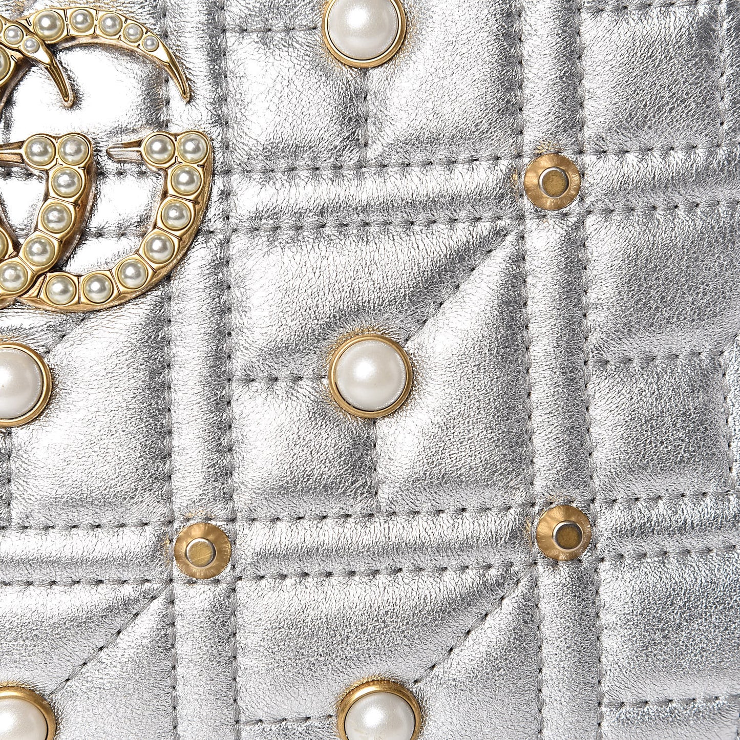 Metallic Calfskin Matelasse Studded Small Pearly GG Marmont Chain Shoulder Bag Silver