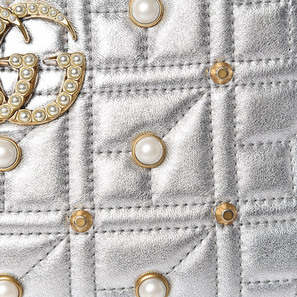 Gucci Metallic Calfskin Matelasse Studded Small Pearly GG Marmont Chain Shoulder Bag Silver 14 of 18