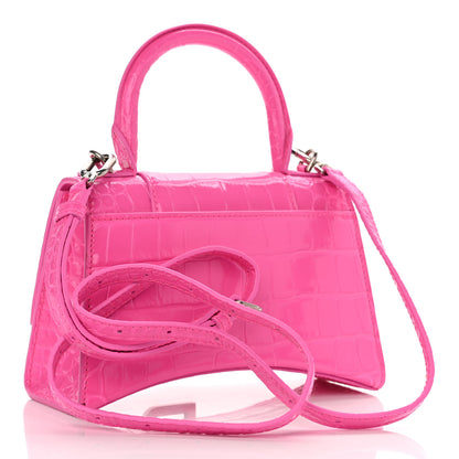 Balenciaga Shiny Calfskin Crocodile Embossed Hourglass Top Handle Bag XS Neon Pink 2 of 12