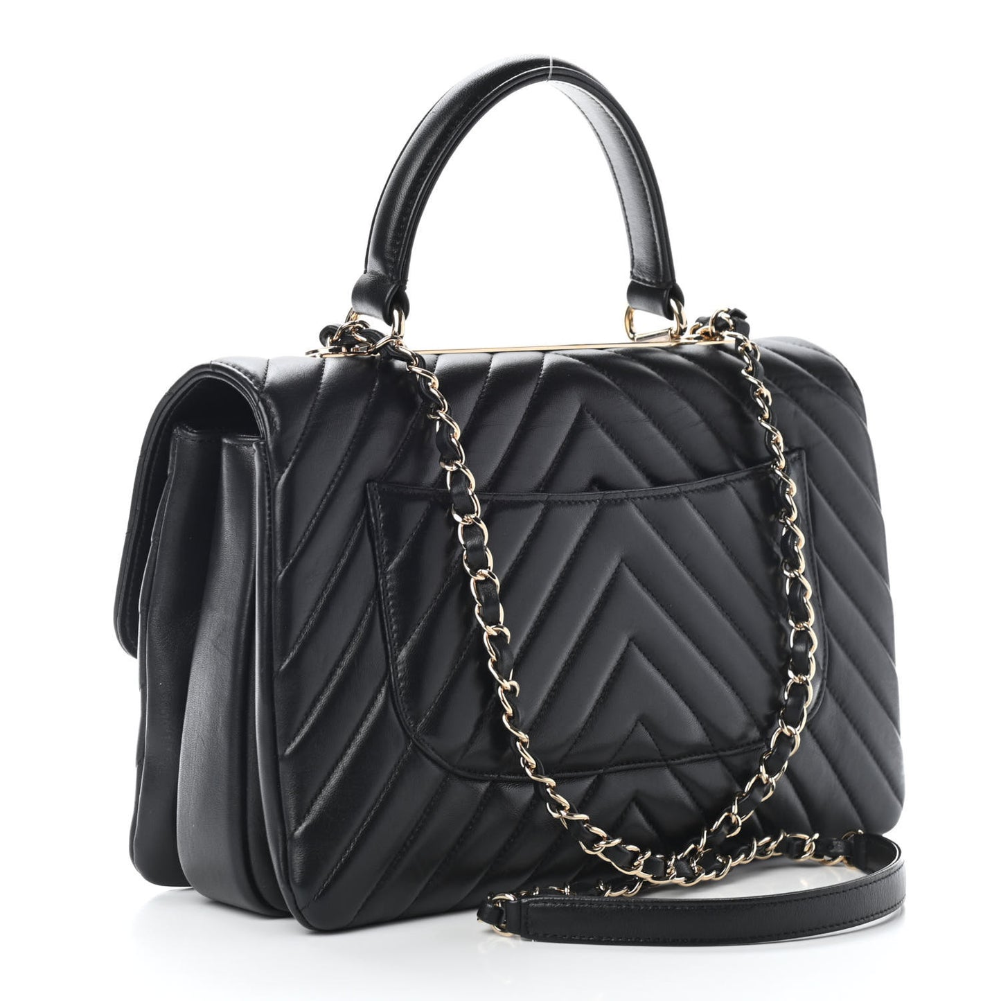 Lambskin Chevron Quilted Medium Trendy CC Dual Handle Flap Bag Black