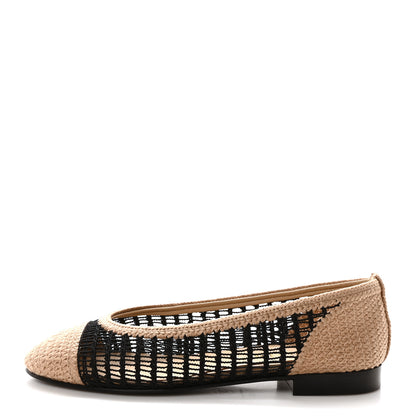 Chanel Raffia Cap Toe Ballerina Flats 37 Black Beige 1 of 9