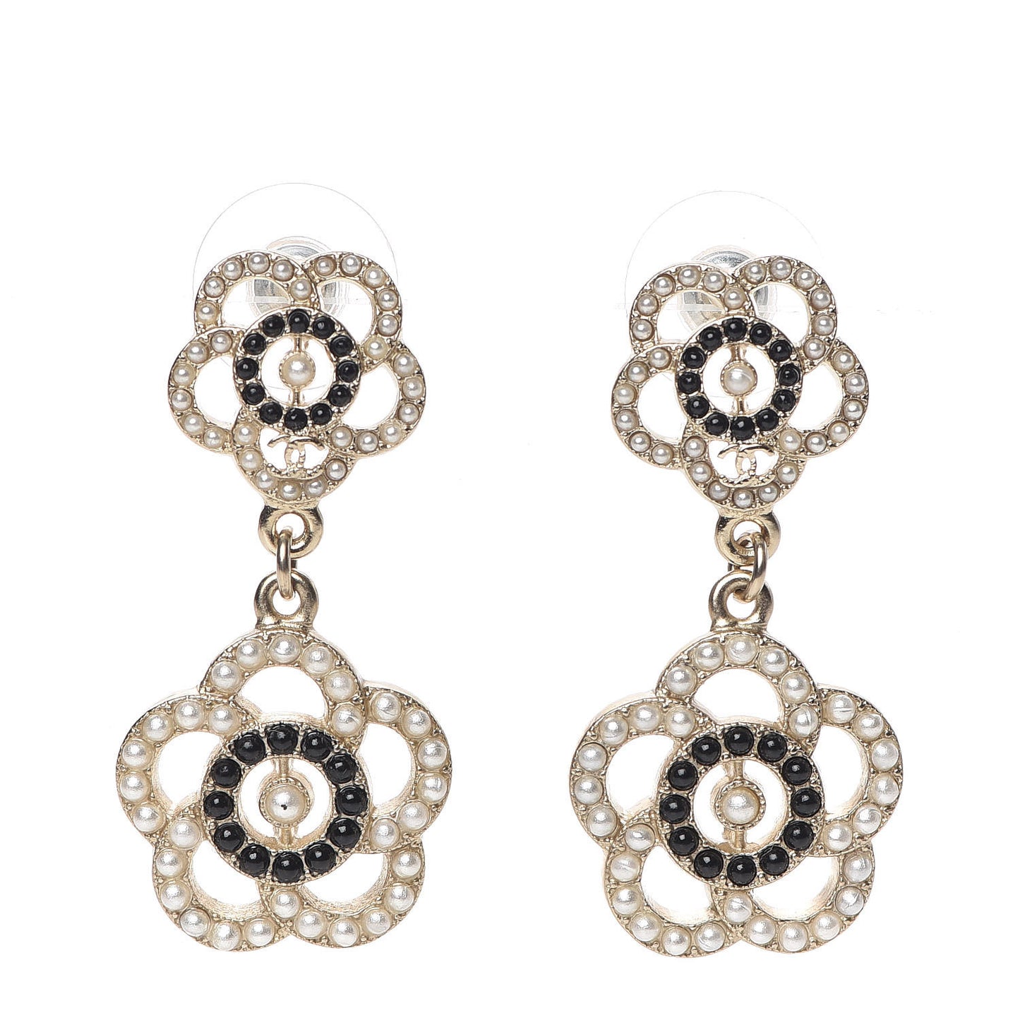 Enamel Pearl Flower Drop Earrings Black Gold