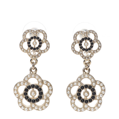Chanel Enamel Pearl Flower Drop Earrings Black Gold 1 of 5