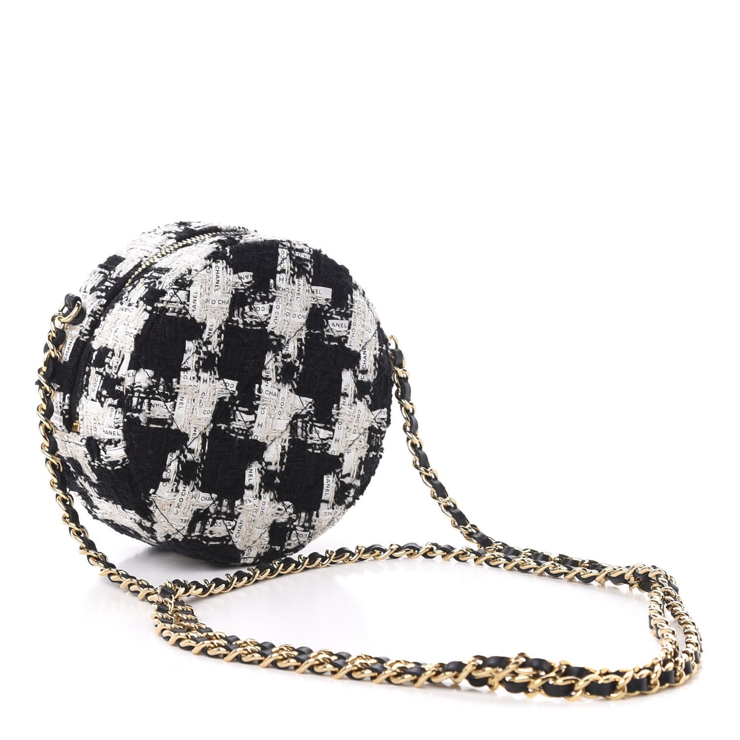 Tweed Round Clutch With Chain Black White