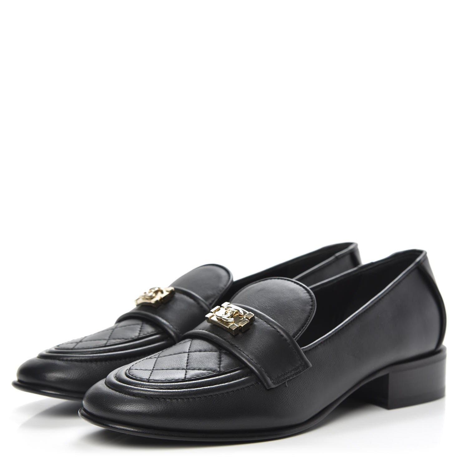 Chanel Lambskin Quilted Womens CC Loafers 38 Black 3 of 9