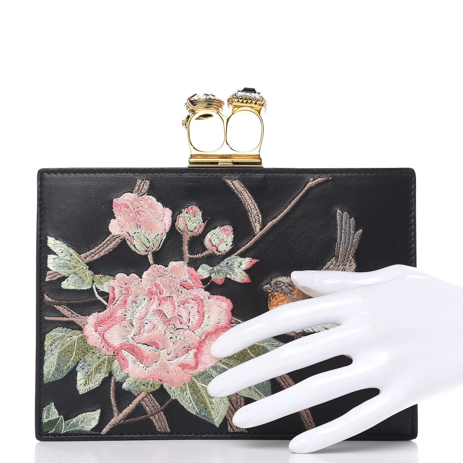 Alexander McQueen Calfskin Embroidered Knuckle Clutch Black Multi 2 of 11
