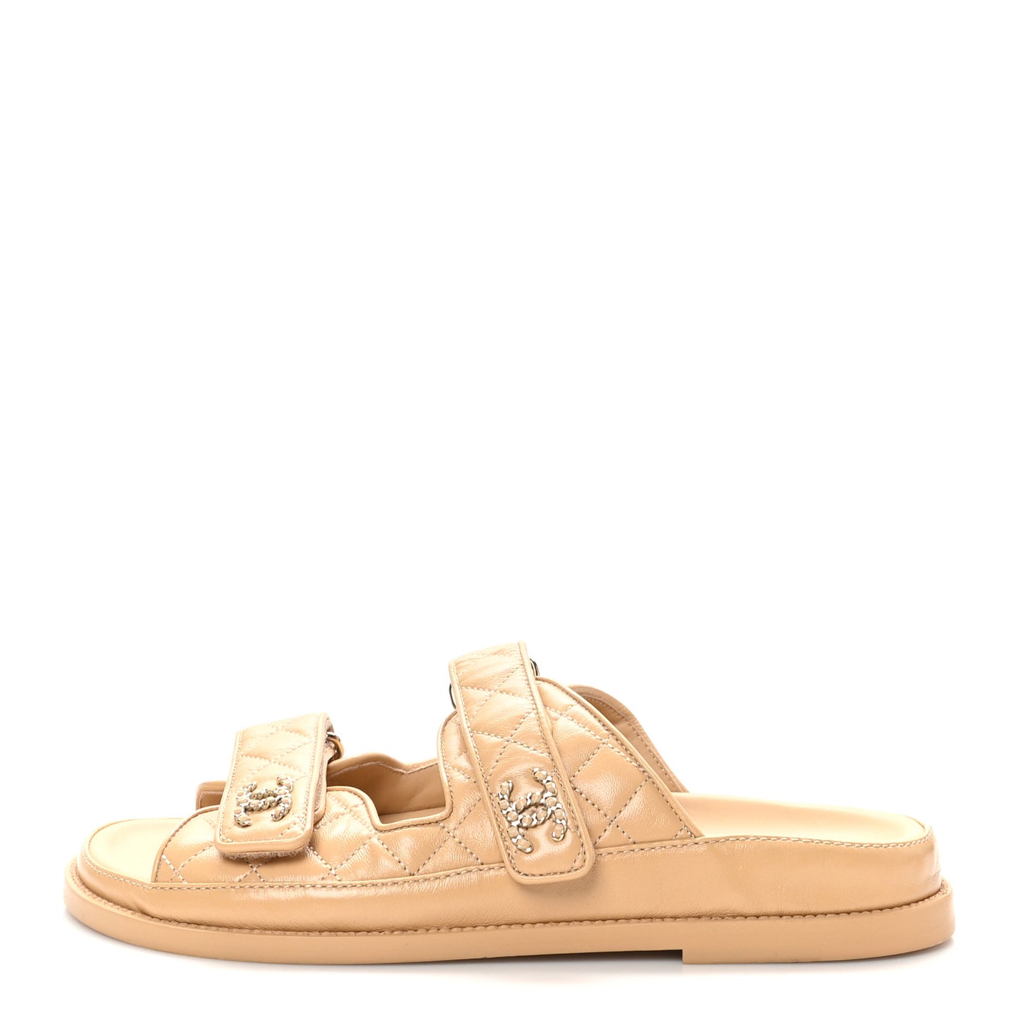 Lambskin Quilted Velcro Dad Chain CC Slide Sandals 40 Beige