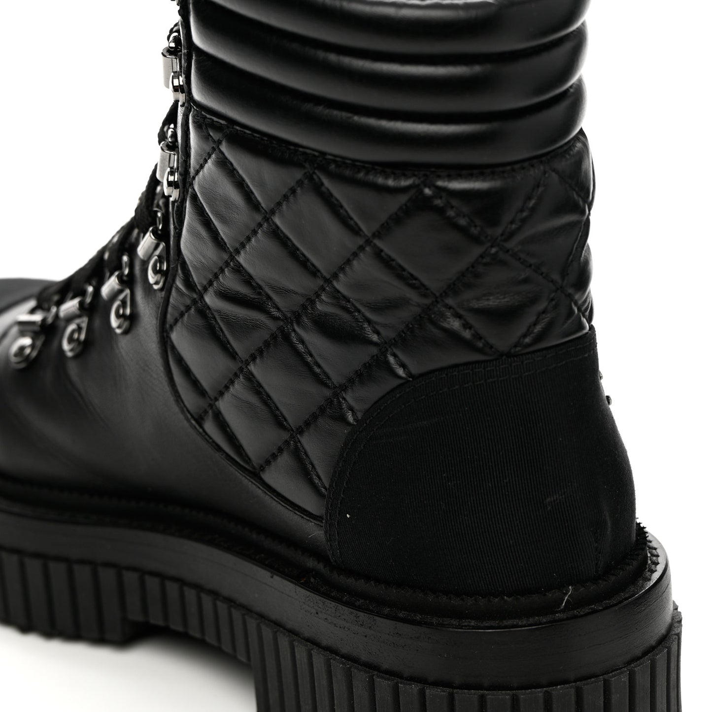 Calfskin Grosgrain Quilted Lace Up Boots 37 Black Grey