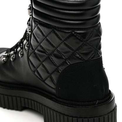 Chanel Calfskin Grosgrain Quilted Lace Up Boots 37 Black Grey 15 of 19