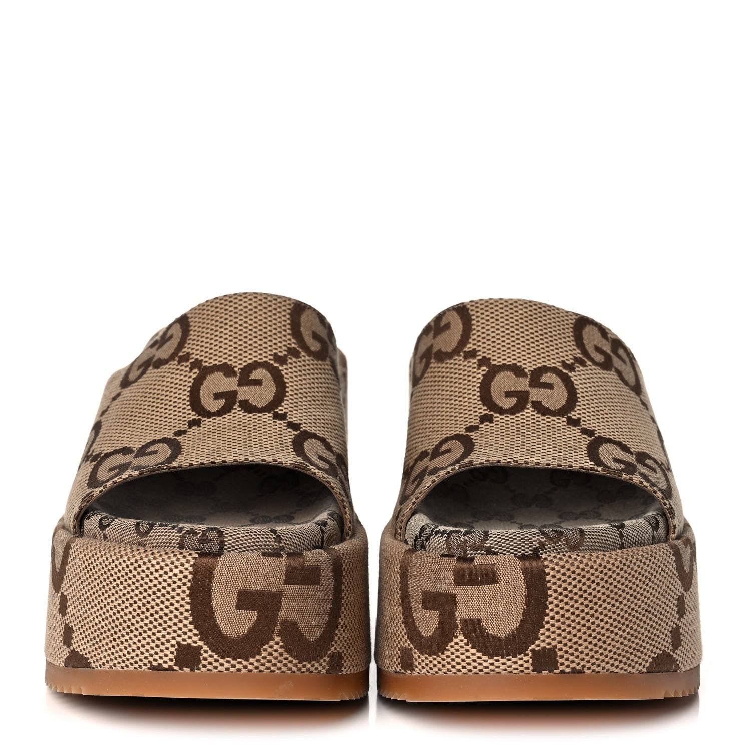 Gucci Monogram Jumbo GG Platform Slide Wedge Sandals 39 Camel Ebony 2 of 10