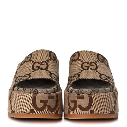 Gucci Monogram Jumbo GG Platform Slide Wedge Sandals 39 Camel Ebony 2 of 10