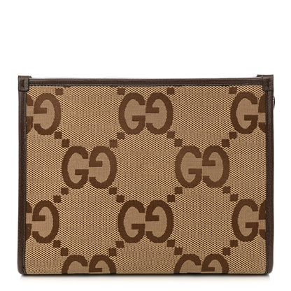 Gucci Monogram Jumbo GG Textured Dollar Calfskin Pouch Camel Ebony New Acero 1 of 10