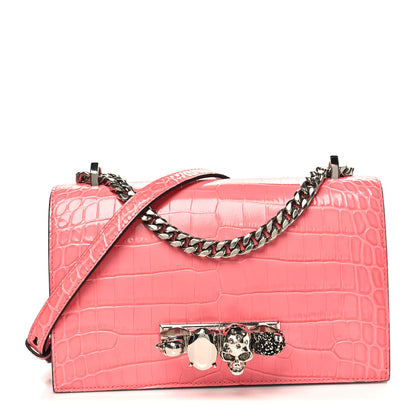 Alexander McQueen Shiny Crocodile Embossed Jeweled Satchel Pink 1 of 9