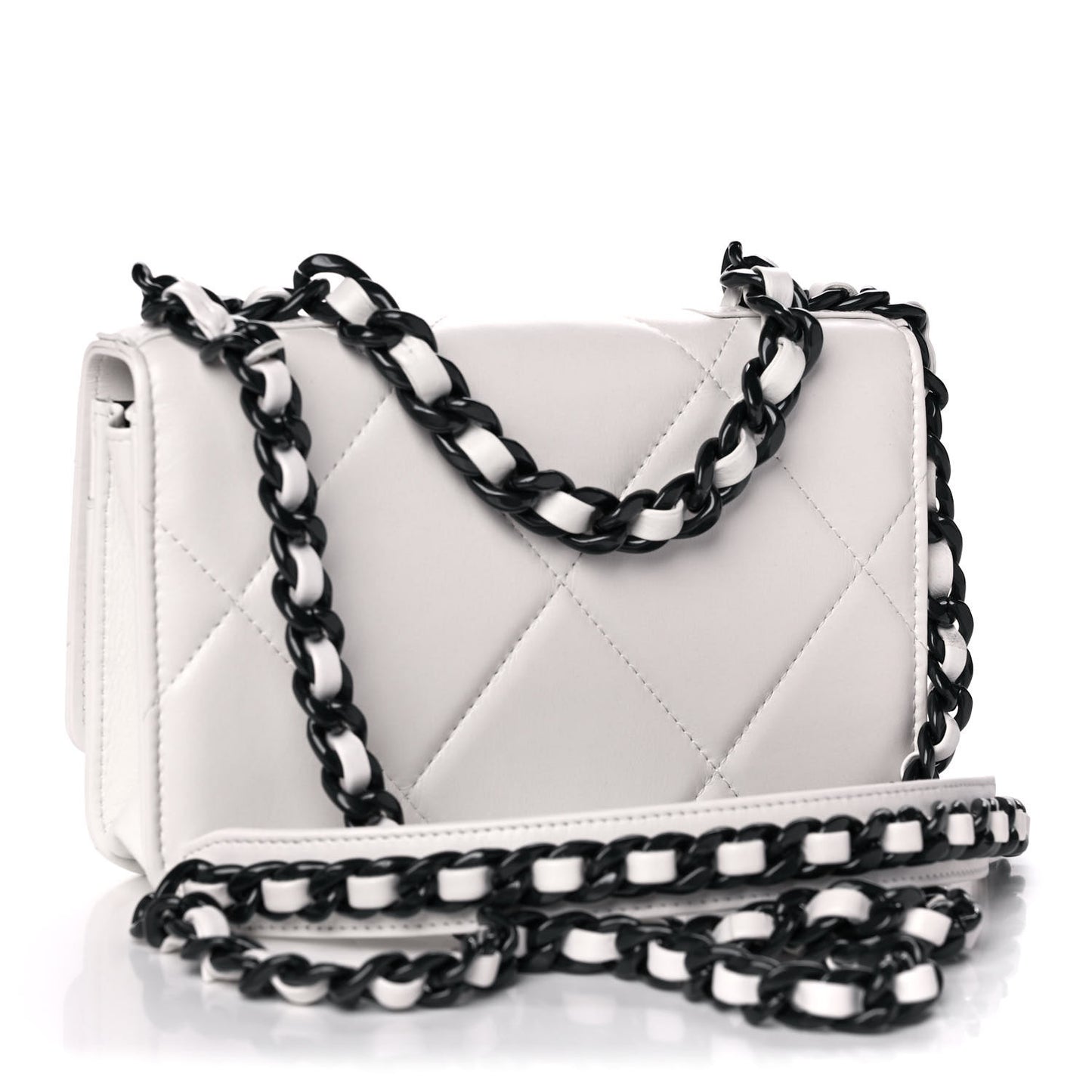 Glossy Calfskin Quilted Chanel 19 Wallet On Chain WOC White Black