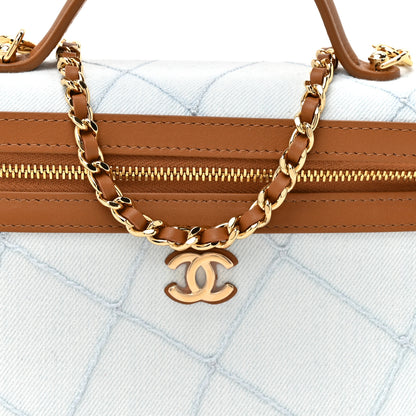 Chanel Washed Denim Calfskin Quilted Top Handle Slim Vanity Case With Chain Blue Brown 8 of 11